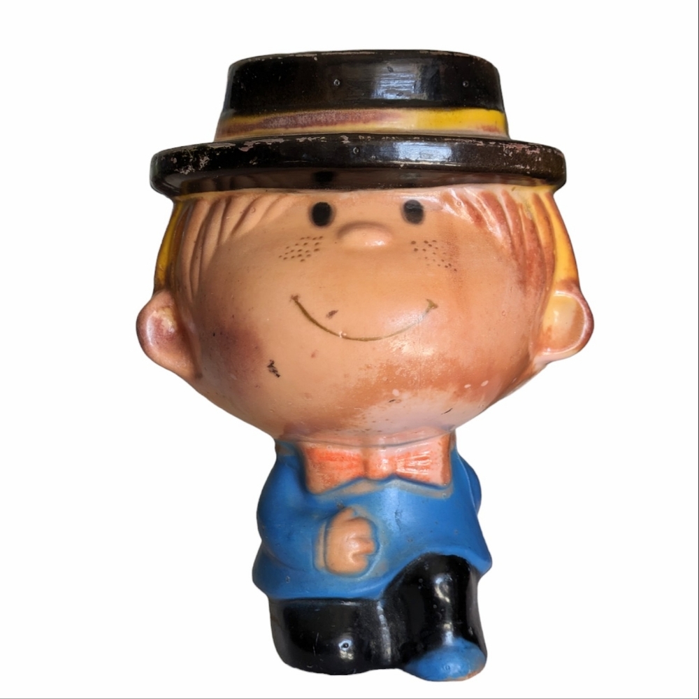Freckled Boy Big Head Coin Bank Vintage Blue Coat Black Hats Bow Tie Rare